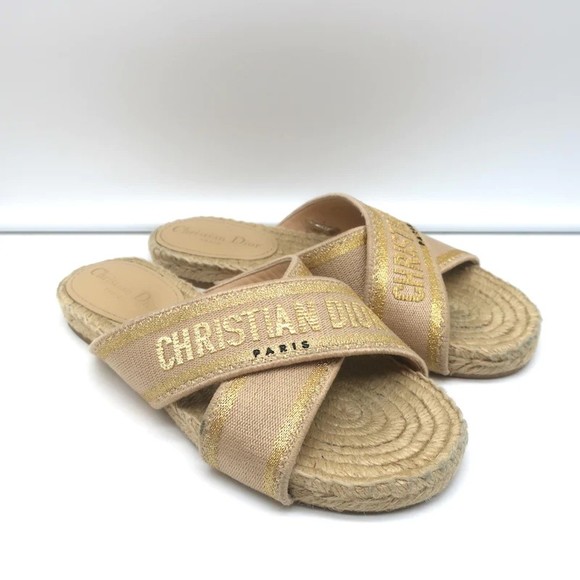 Dior Shoes - Christian Dior Granville Espadrille Slides Gold Embroidered Canvas Size 37 D